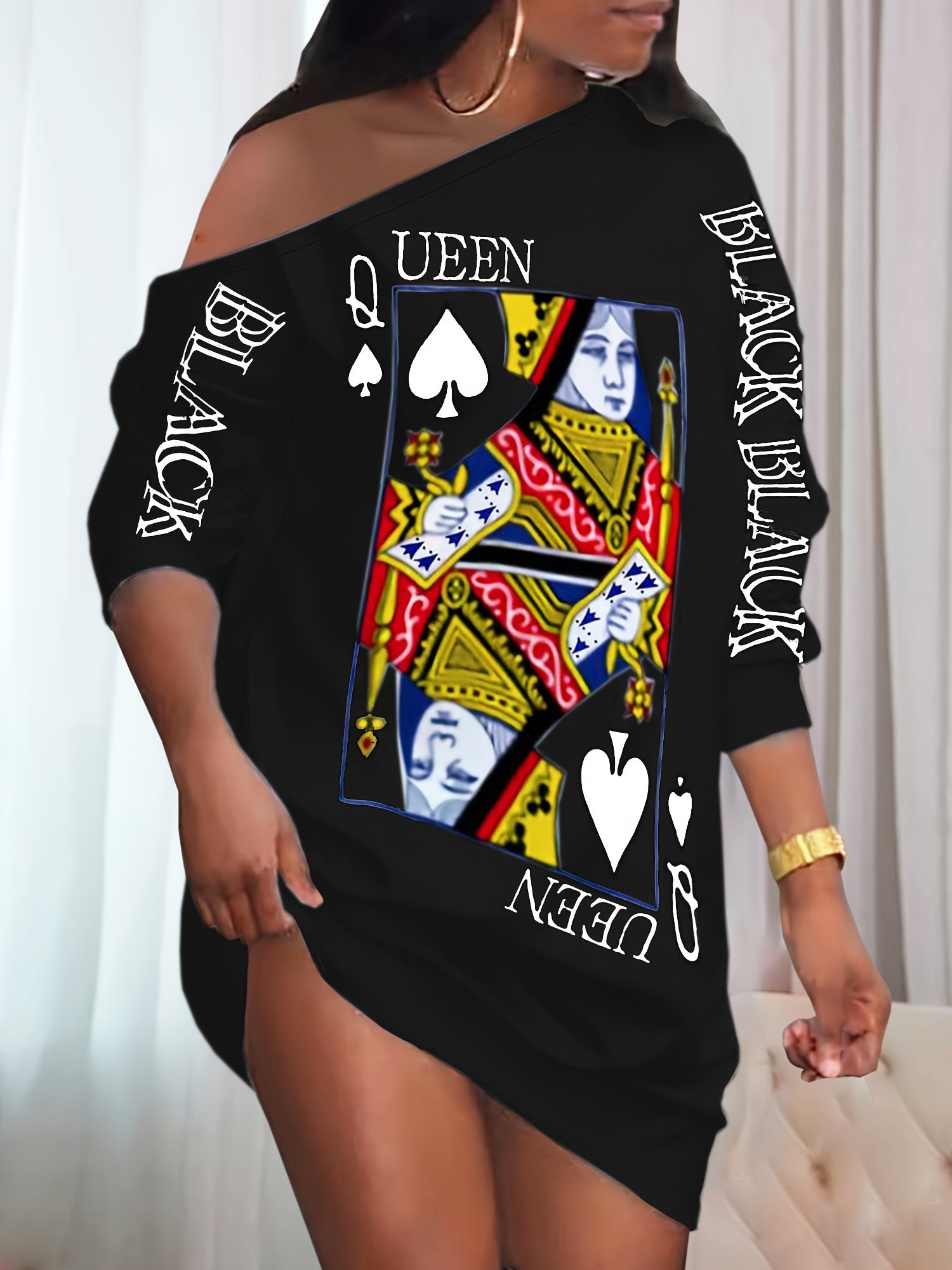 Women's Poker Print Sexy Lounge Dress, One Shoulder Long Sleeve Slash Neck Dress, Comfortable Home Wear For Fall